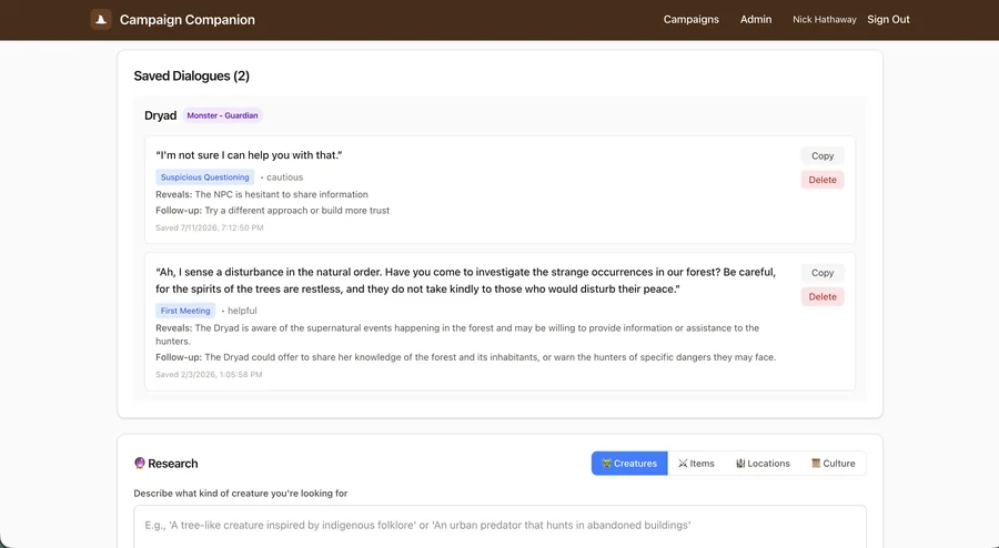 Saved AI-generated NPC dialogues with tone, reveals, and follow-up suggestions, plus an AI research tool
