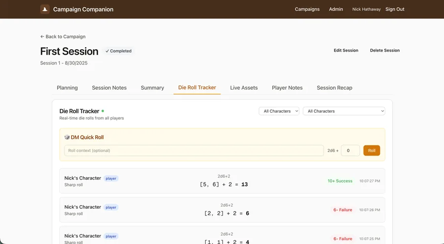 Session view with tabs for planning, notes, and a real-time die roll tracker showing success and failure results