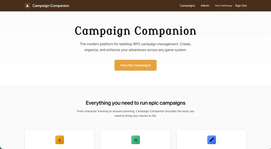 Campaign Companion landing page: the modern platform for tabletop RPG campaign management