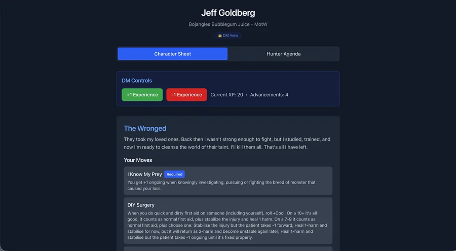 Dark-mode character sheet with DM controls for experience and character moves