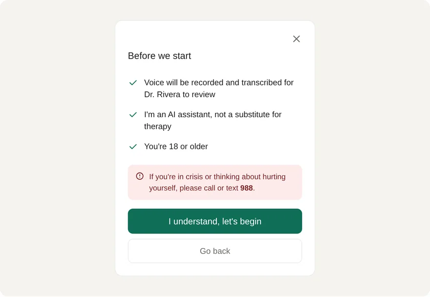 Consent screen listing recording disclosure, AI disclaimer, age requirement, and crisis resources