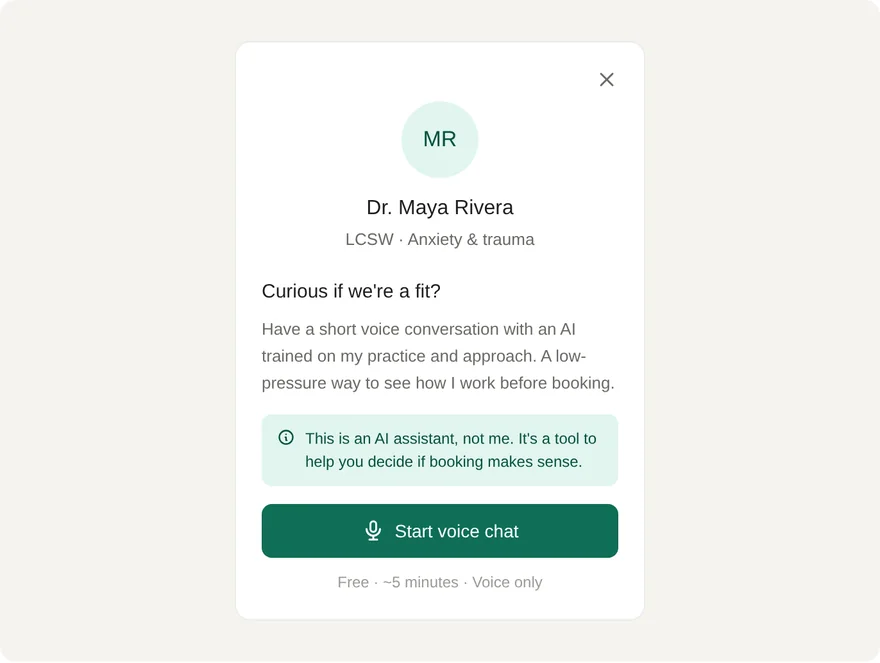 Widget intro card: a therapist profile inviting a short voice conversation with an AI trained on her practice