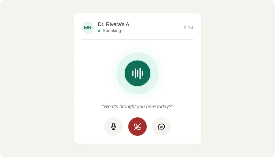 Live voice conversation screen with speaking indicator, live captions, mute and end-call controls