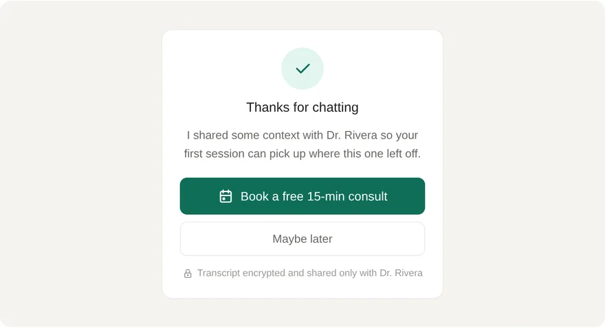 Wrap-up screen with a booking call-to-action and encrypted transcript note
