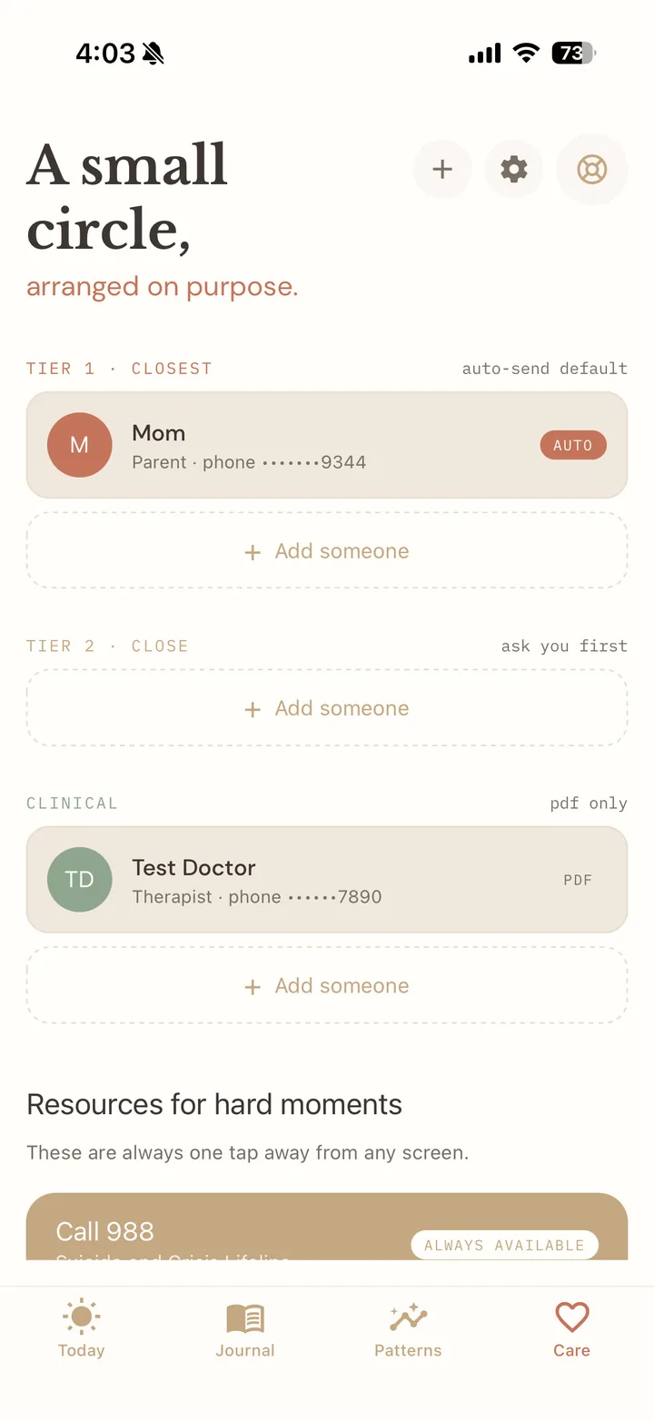 Thread care circle screen with tiered contacts and crisis resources
