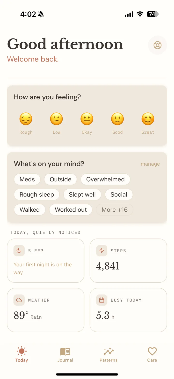 Thread Today screen with mood check-in, context tags, and sleep, steps, weather, and calendar cards